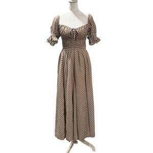 Dizzy Lizzy Midi Dress Women Small Brown Plaid Smocked Puff Sleeve Milkmaid
